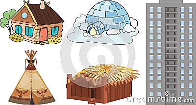 Set of different buildings and traditional dwellings isolated on white background Vector Illustration